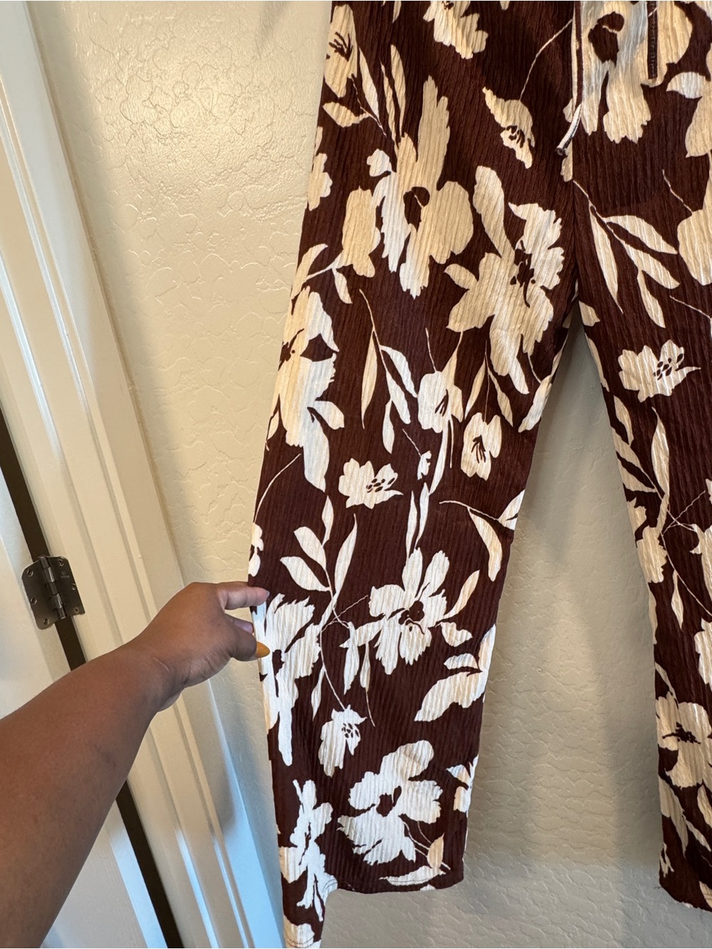 Brown Floral Straight-Leg Jumpsuit Pants with Cream Print